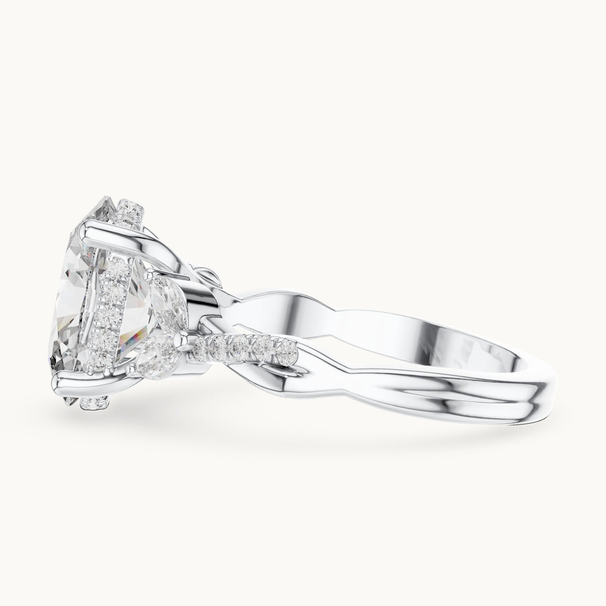 Oval, marquise and round lab-grown diamond engagement ring with marquise side stones in white gold, 3.35 CT TW, view 3