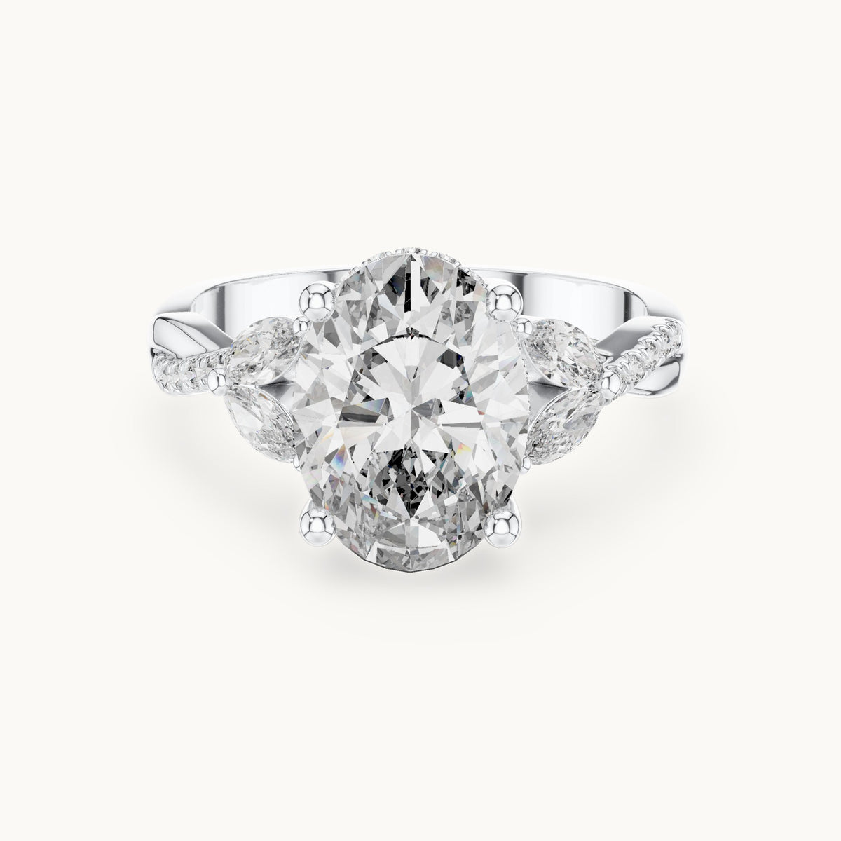 Oval, marquise and round lab-grown diamond engagement ring with marquise side stones in white gold, 3.35 CT TW, view 4