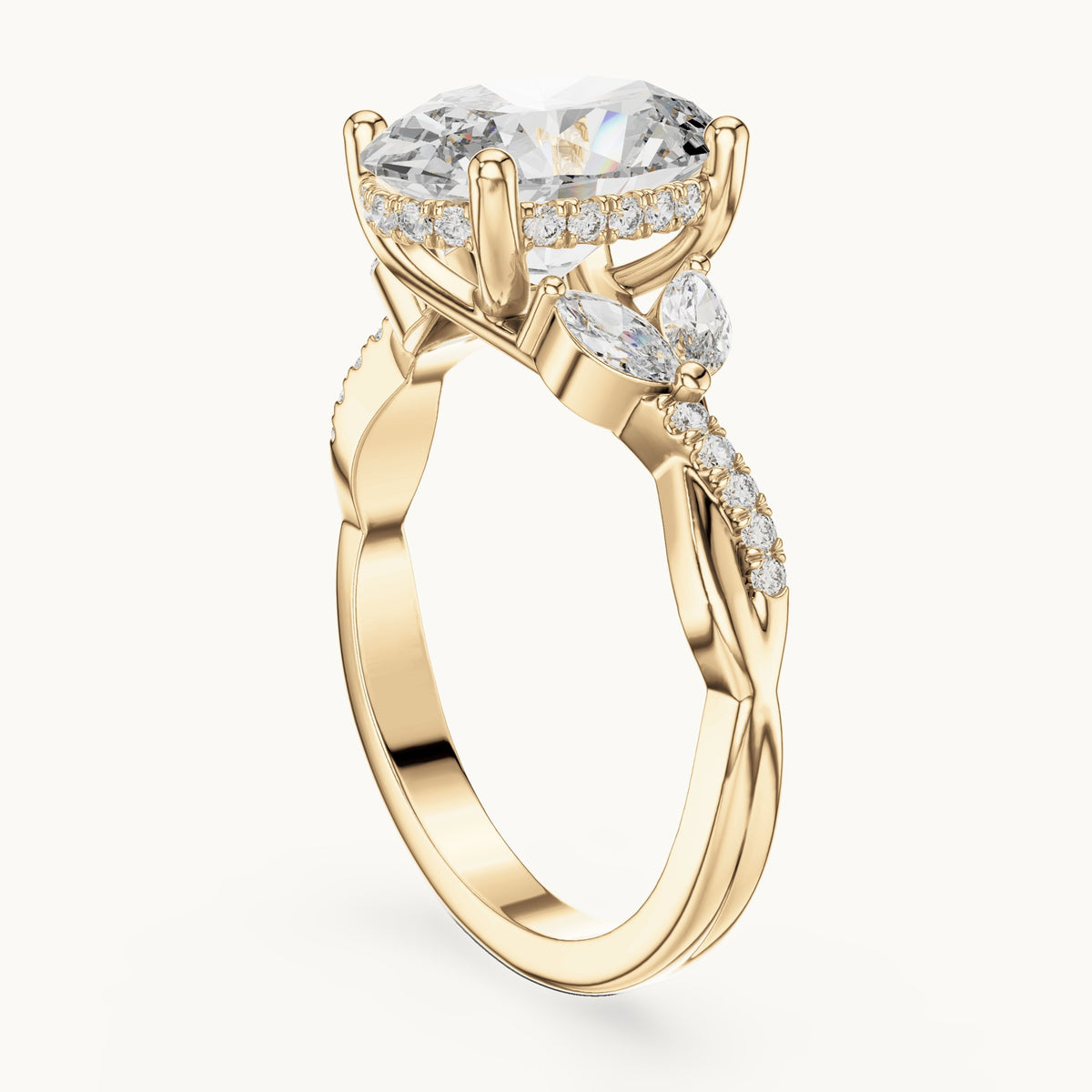 Oval, marquise and round lab-grown diamond engagement ring with marquise side stones in yellow gold, 3.35 CT TW, view 1