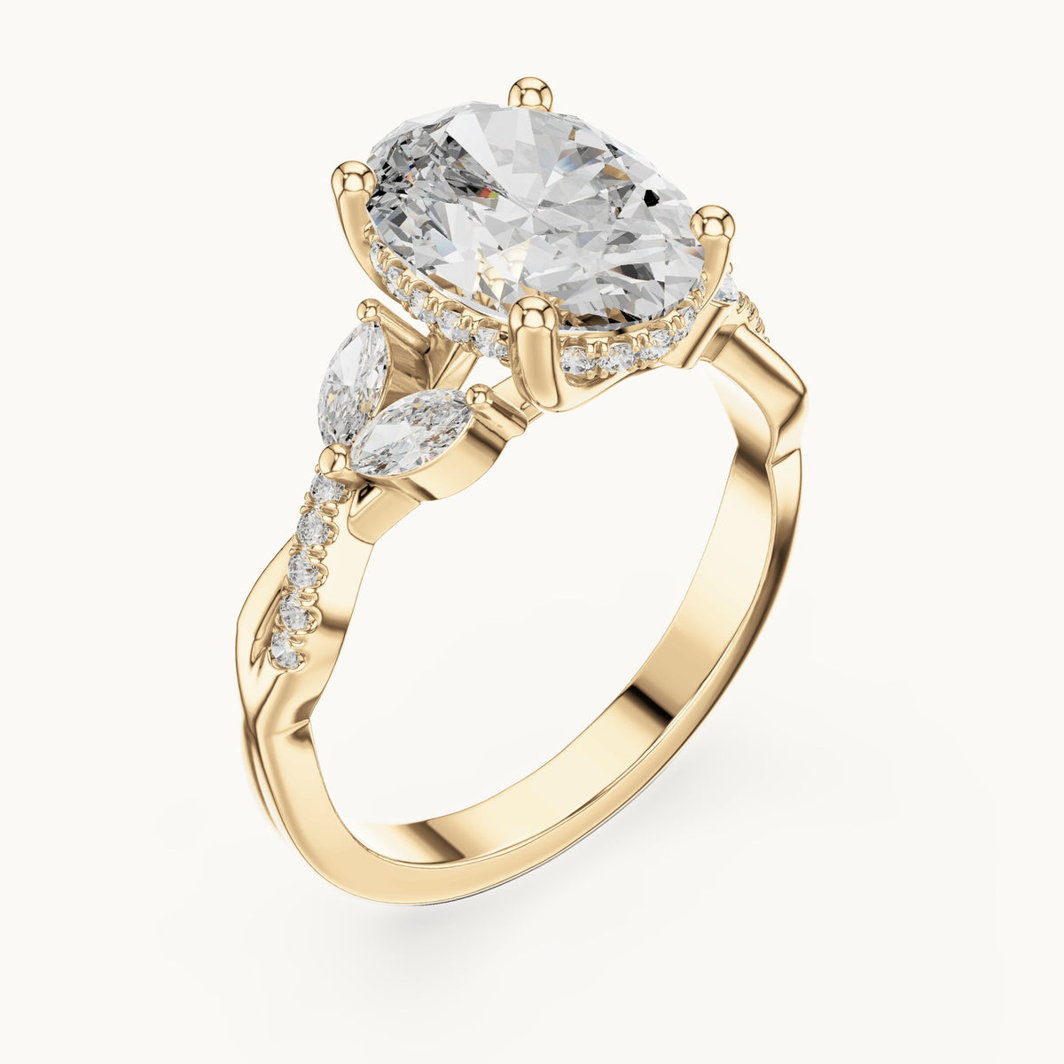 Oval, marquise and round lab-grown diamond engagement ring with marquise side stones in yellow gold, 3.35 CT TW, view 2