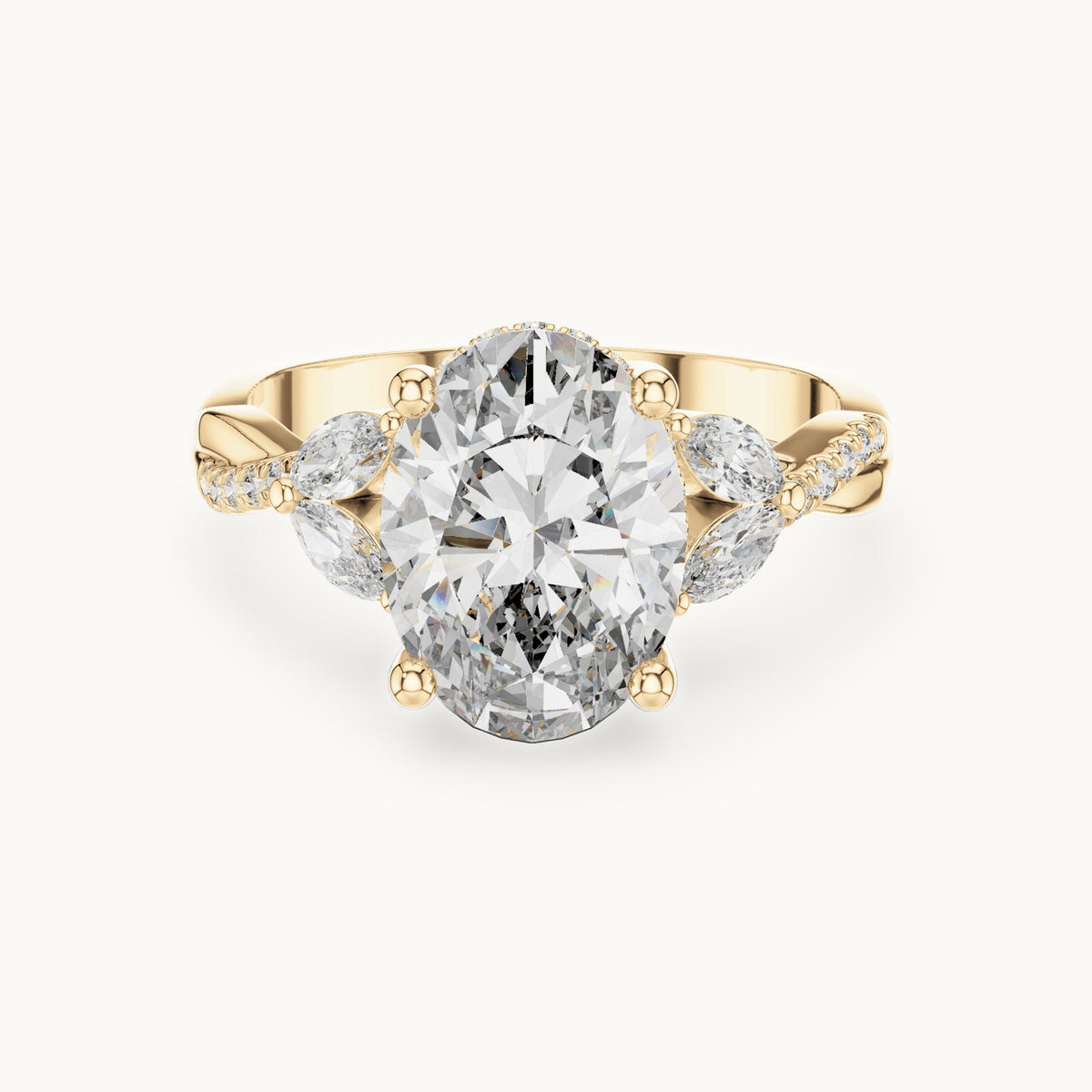 Oval, marquise and round lab-grown diamond engagement ring with marquise side stones in yellow gold, 3.35 CT TW, view 4