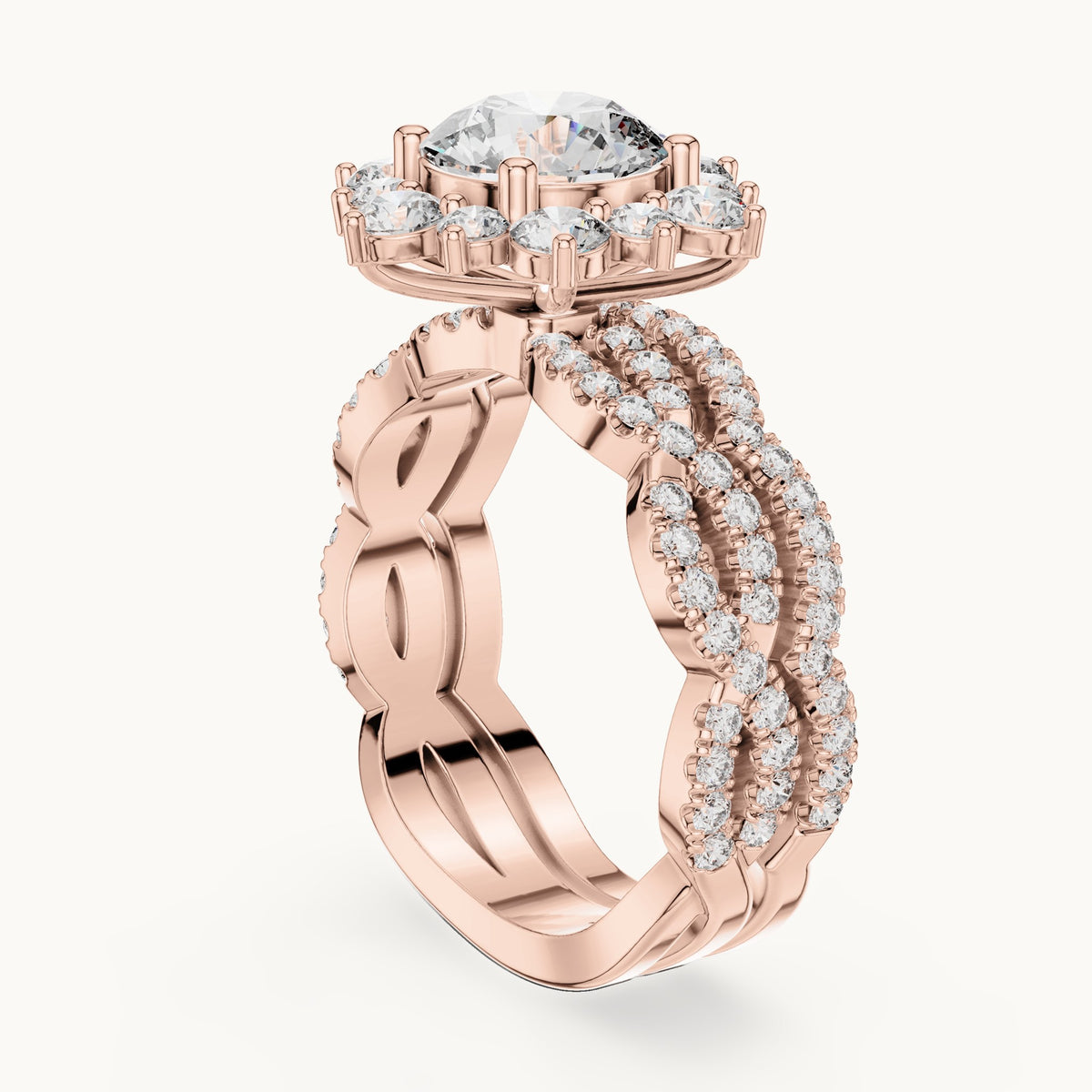 Round lab-grown diamond sunburst halo engagement ring in rose gold, 2.538 CT TW, view 1
