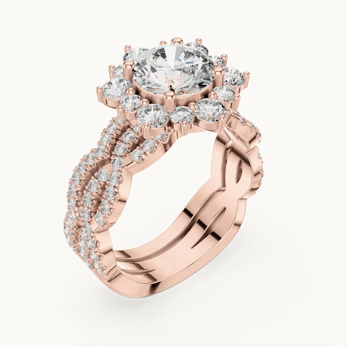 Round lab-grown diamond sunburst halo engagement ring in rose gold, 2.538 CT TW, view 2