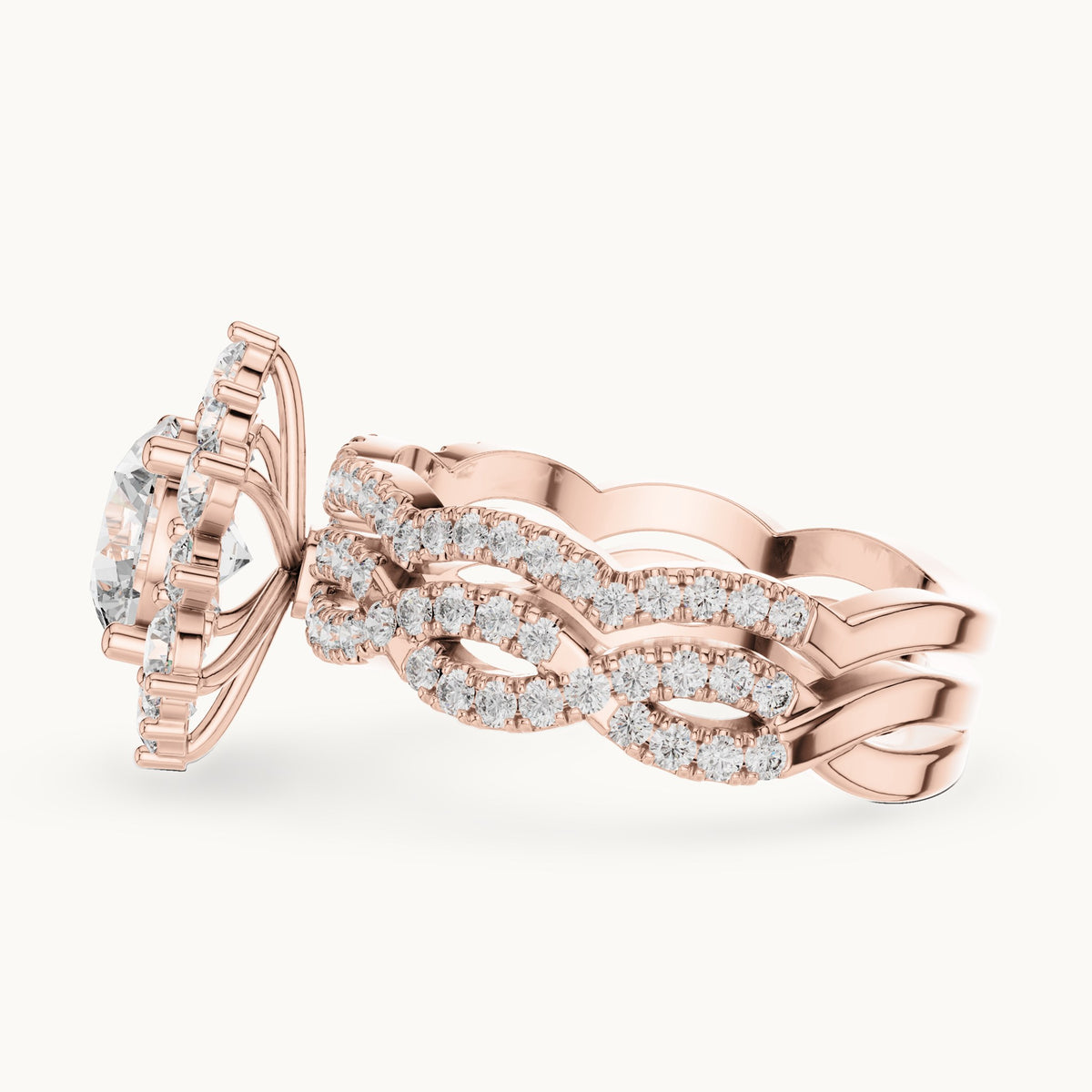 Round lab-grown diamond sunburst halo engagement ring in rose gold, 2.538 CT TW, view 3