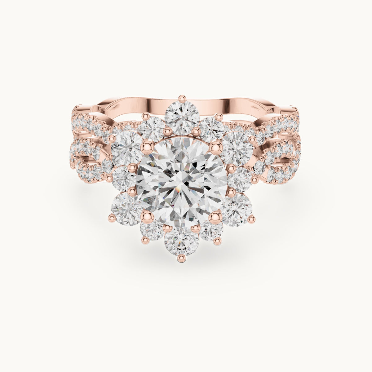 Round lab-grown diamond sunburst halo engagement ring in rose gold, 2.538 CT TW, view 4
