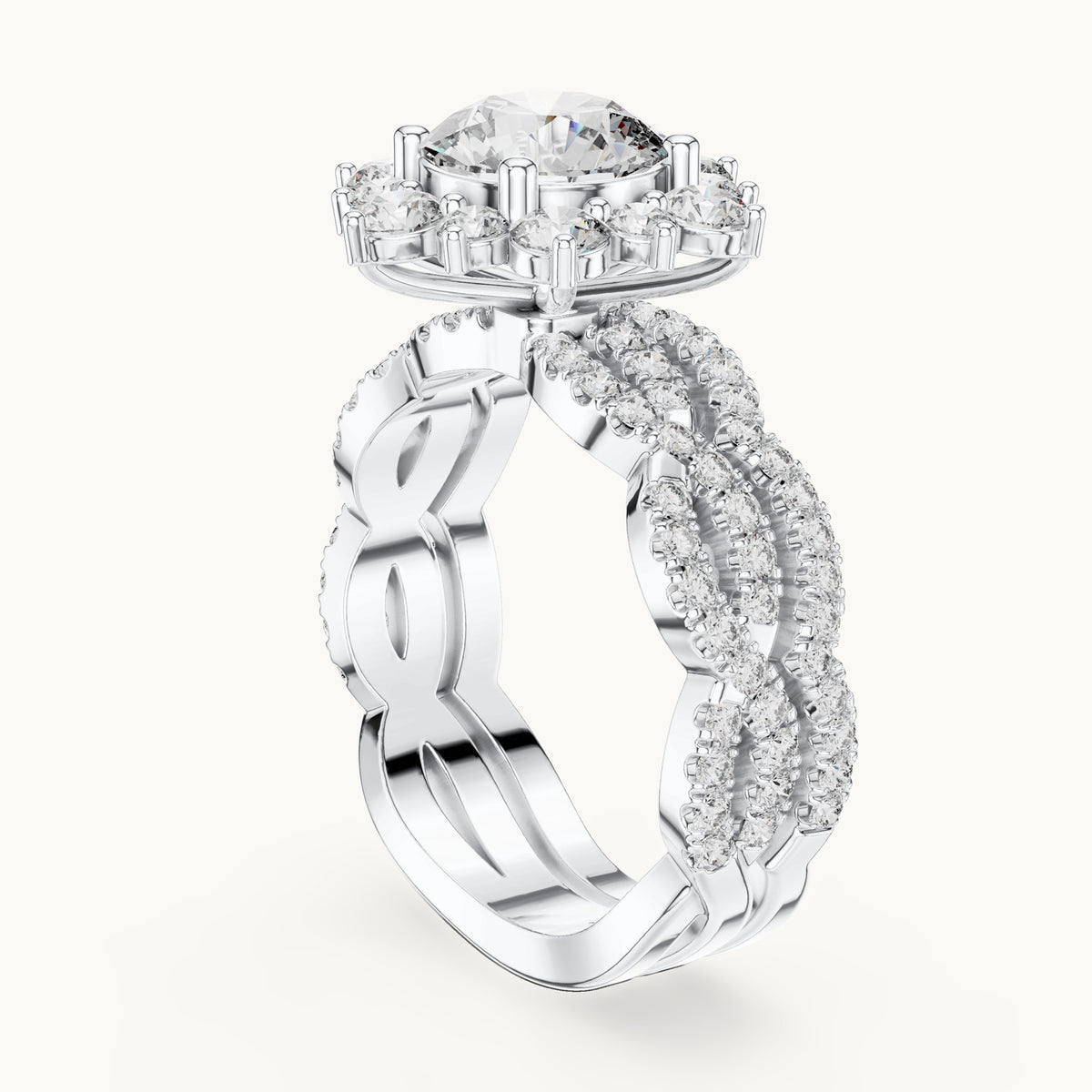 Round lab-grown diamond sunburst halo engagement ring in white gold, 2.538 CT TW, view 1