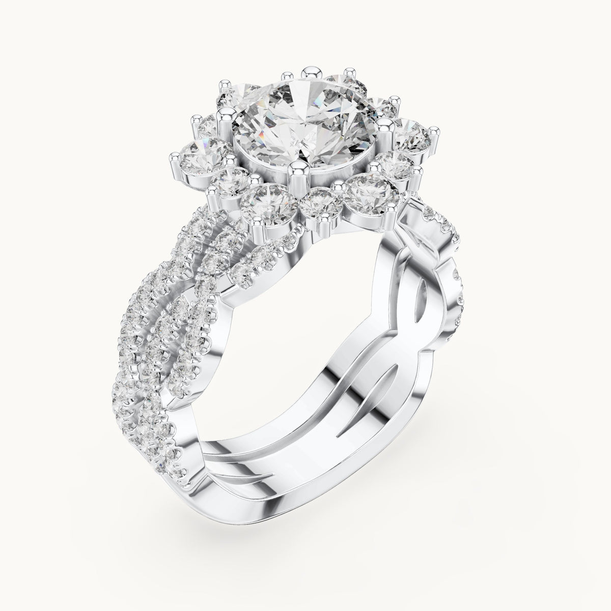 Round lab-grown diamond sunburst halo engagement ring in white gold, 2.538 CT TW, view 2