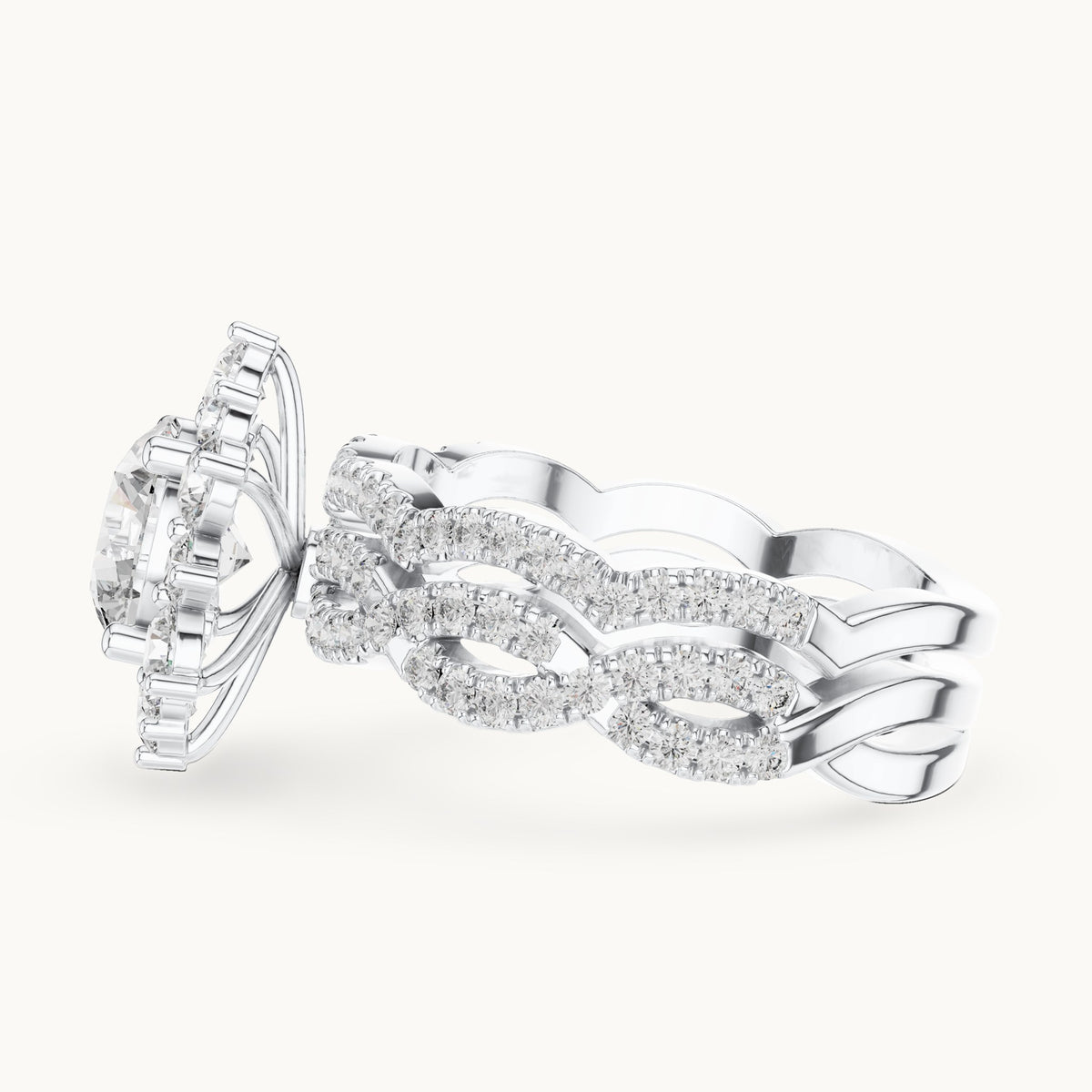 Round lab-grown diamond sunburst halo engagement ring in white gold, 2.538 CT TW, view 3