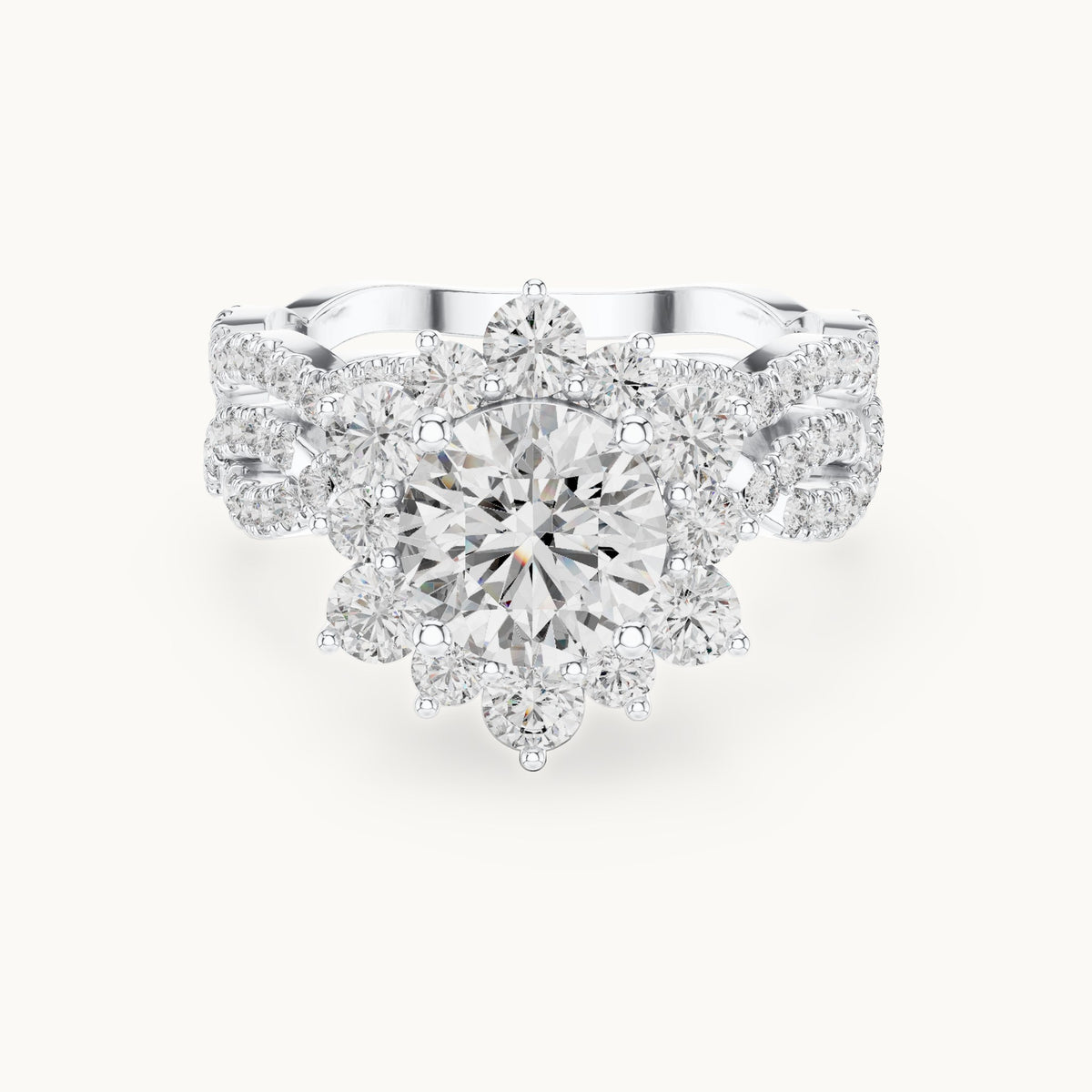 Round lab-grown diamond sunburst halo engagement ring in white gold, 2.538 CT TW, view 4