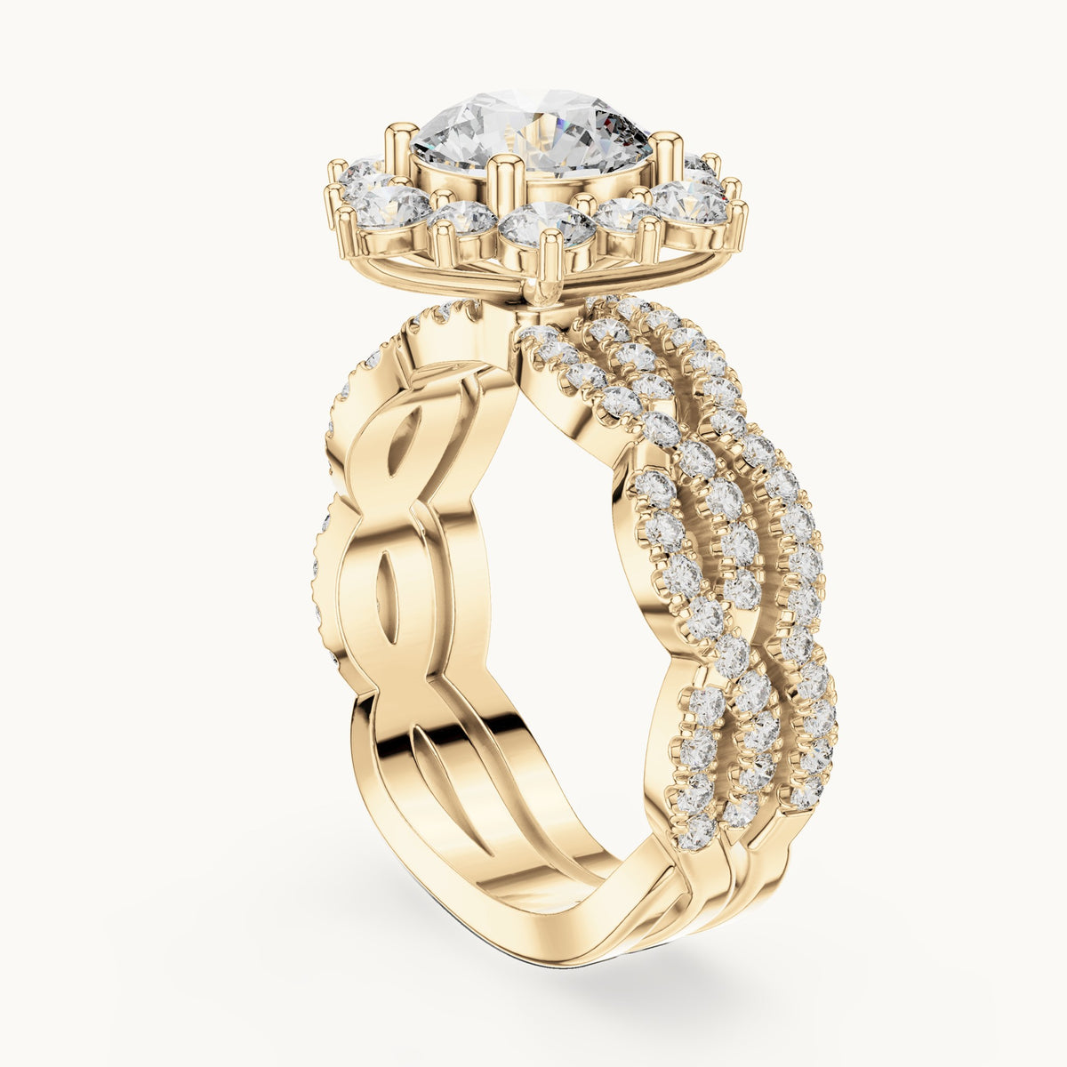 Round lab-grown diamond sunburst halo engagement ring in yellow gold, 2.538 CT TW, view 1