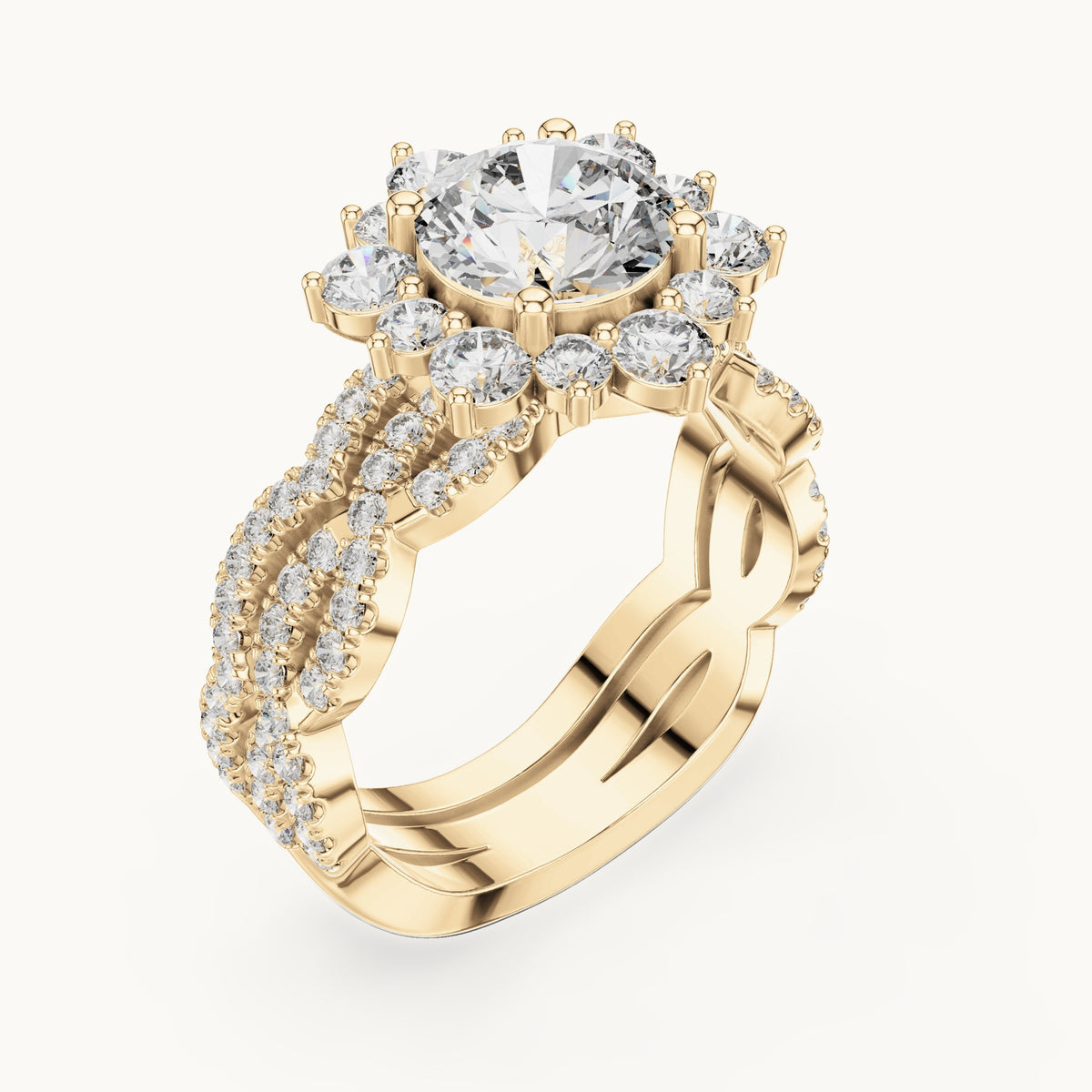 Round lab-grown diamond sunburst halo engagement ring in yellow gold, 2.538 CT TW, view 2