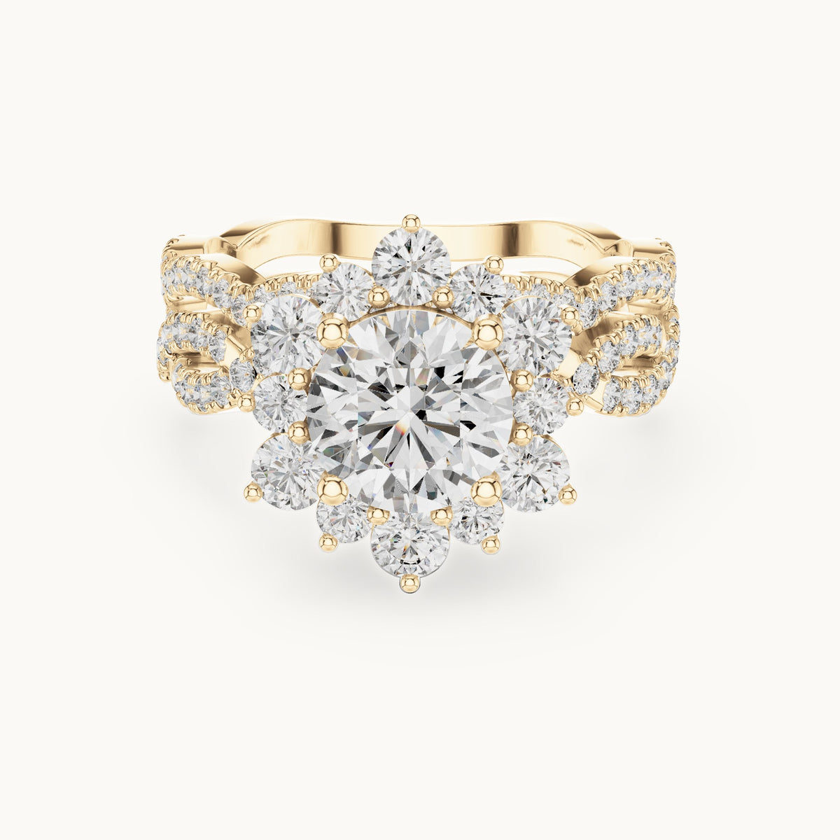 Round lab-grown diamond sunburst halo engagement ring in yellow gold, 2.538 CT TW, view 4