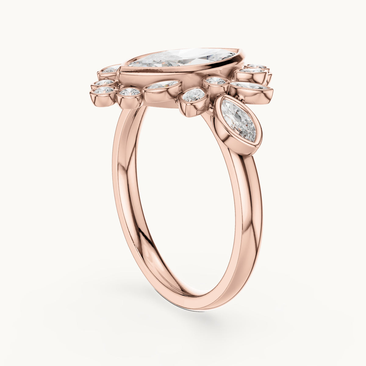 Marquise and round lab-grown diamond floral halo engagement ring in rose gold, 2.11 CT TW, view 1