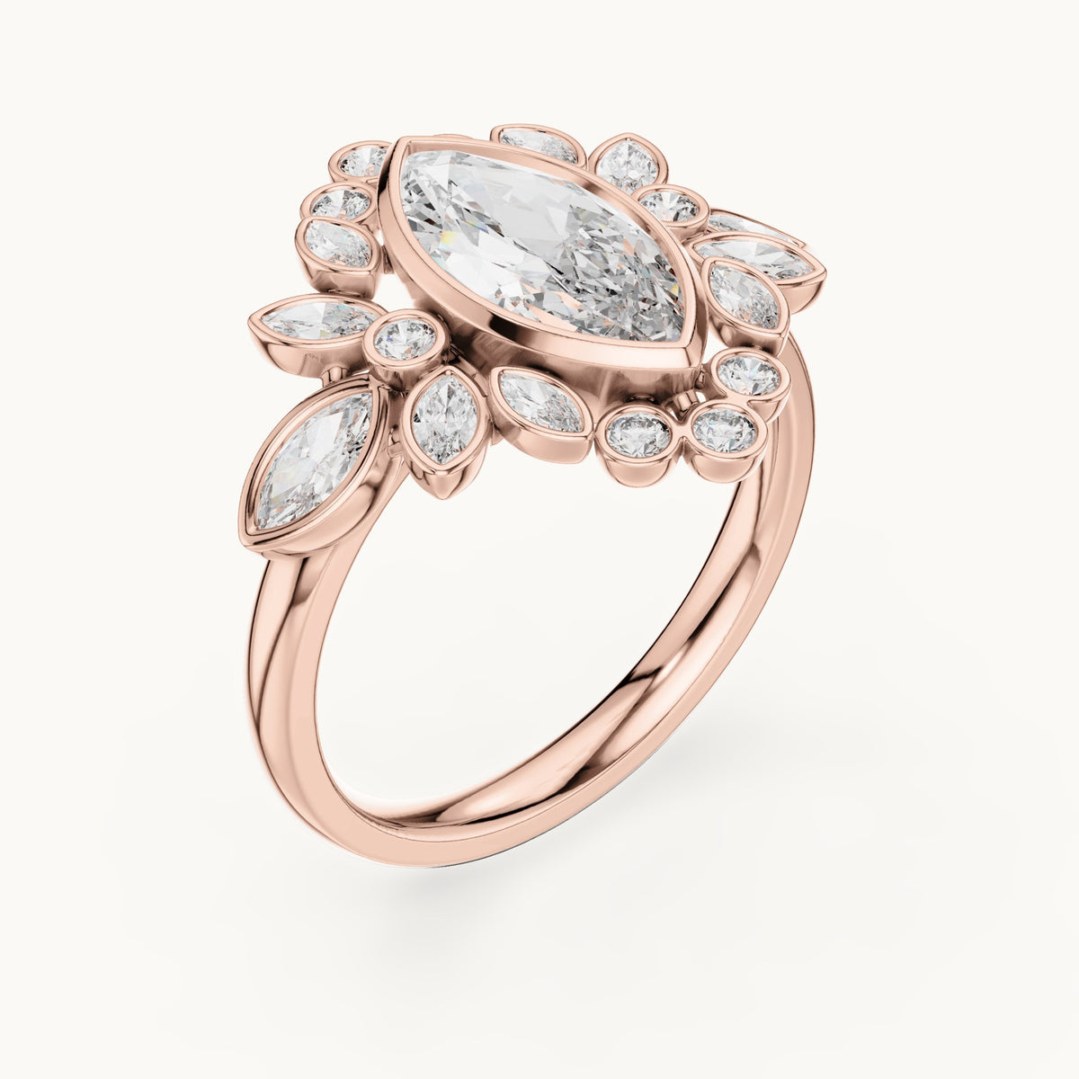 Marquise and round lab-grown diamond floral halo engagement ring in rose gold, 2.11 CT TW, view 2