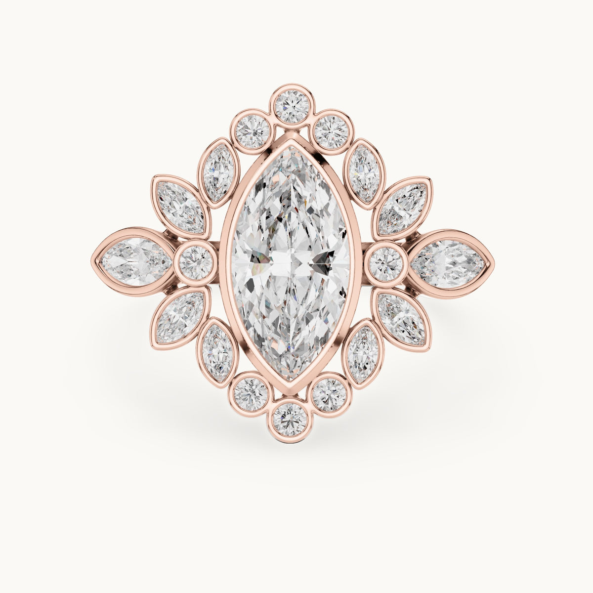 Marquise and round lab-grown diamond floral halo engagement ring in rose gold, 2.11 CT TW, view 4