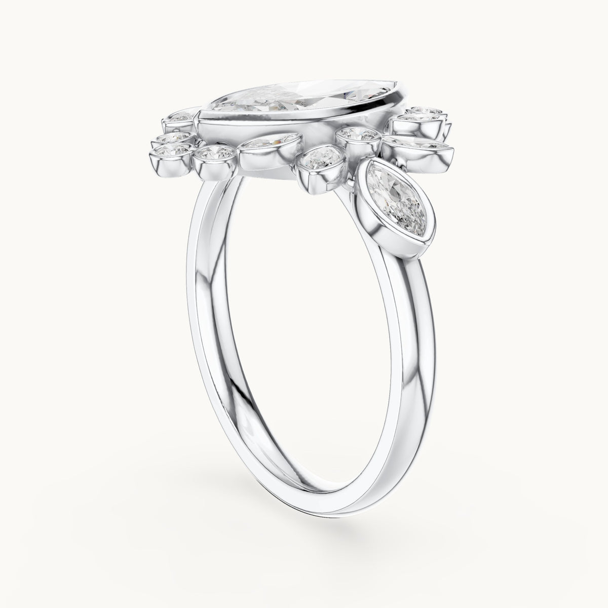 Marquise and round lab-grown diamond floral halo engagement ring in white gold, 2.11 CT TW, view 1