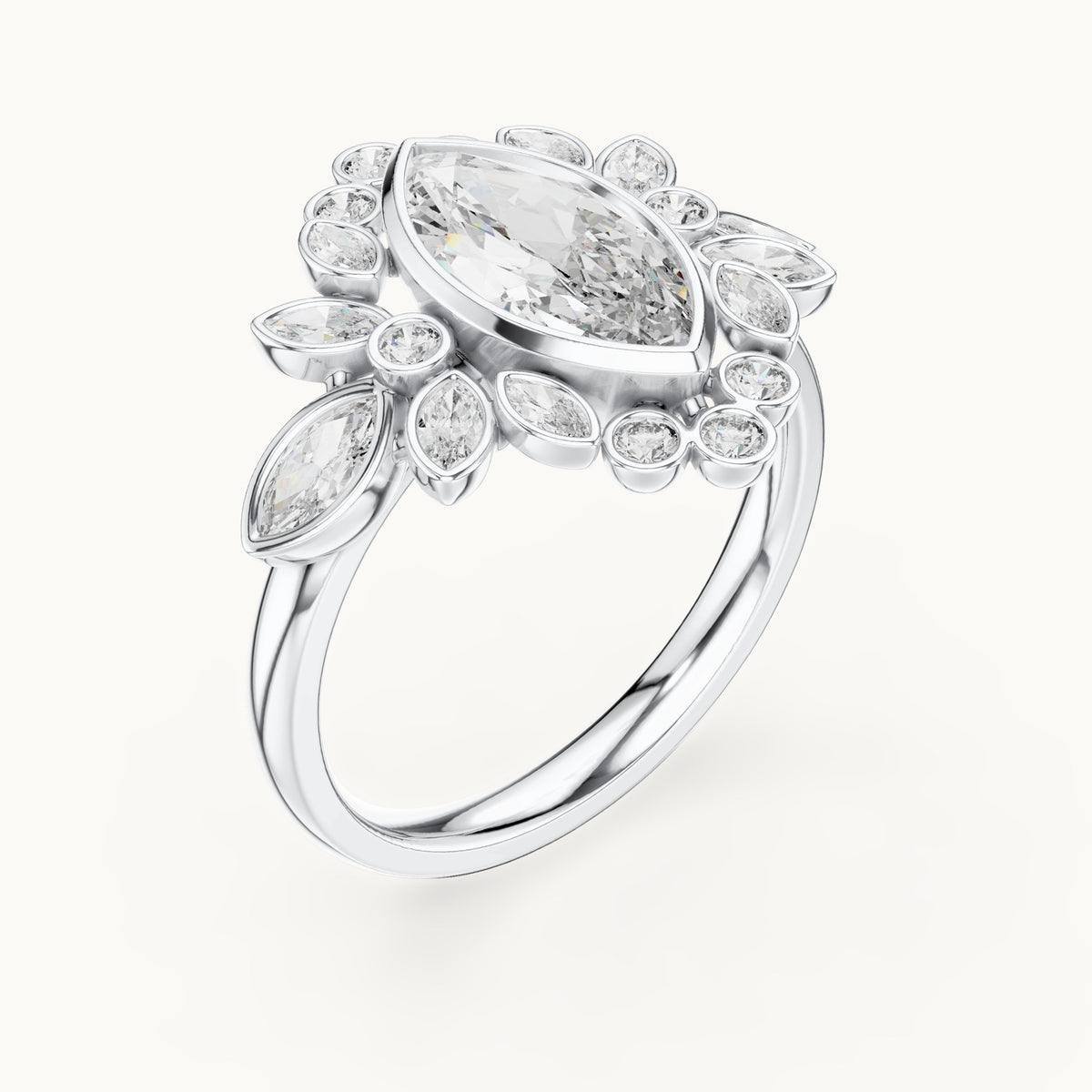Marquise and round lab-grown diamond floral halo engagement ring in white gold, 2.11 CT TW, view 2