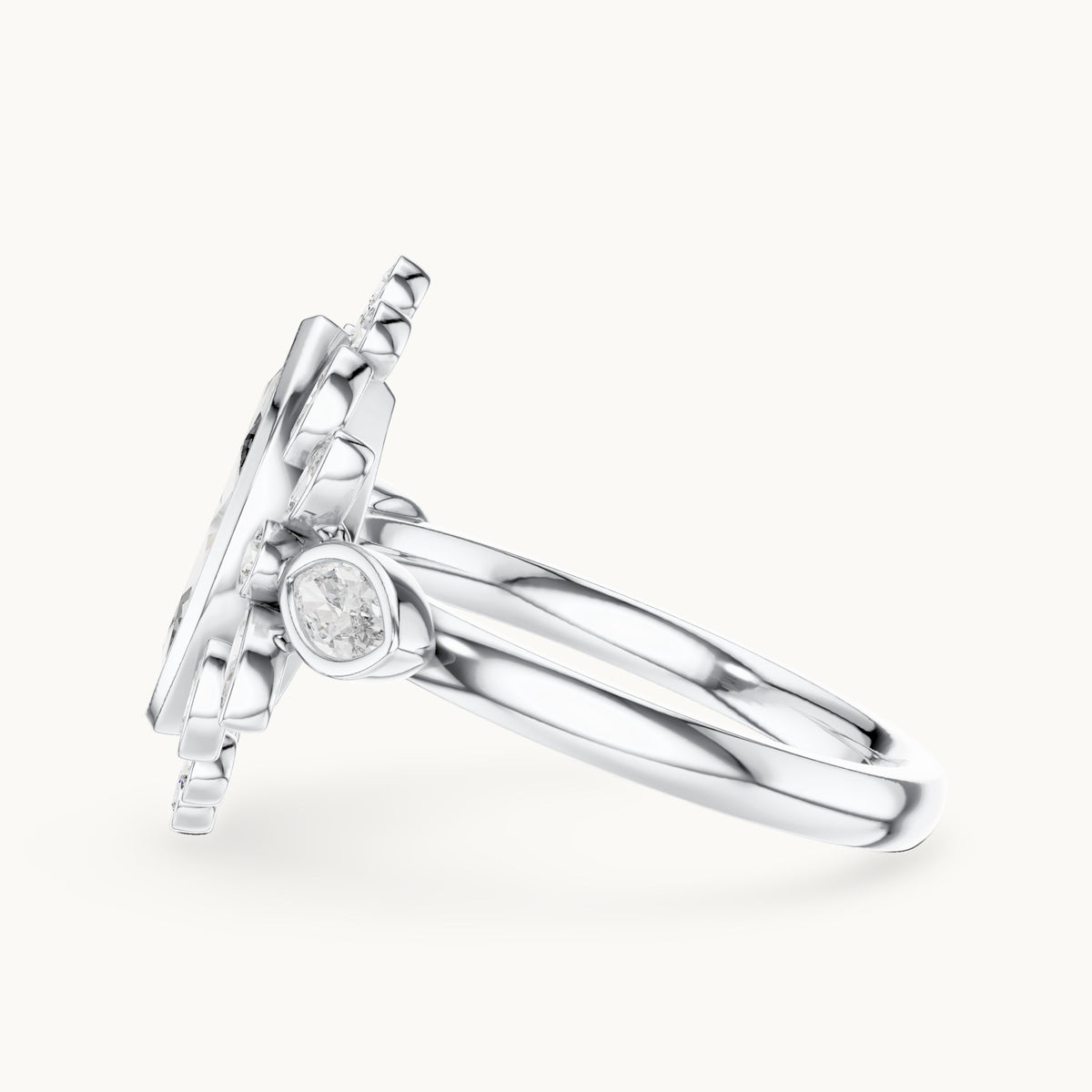 Marquise and round lab-grown diamond floral halo engagement ring in white gold, 2.11 CT TW, view 3