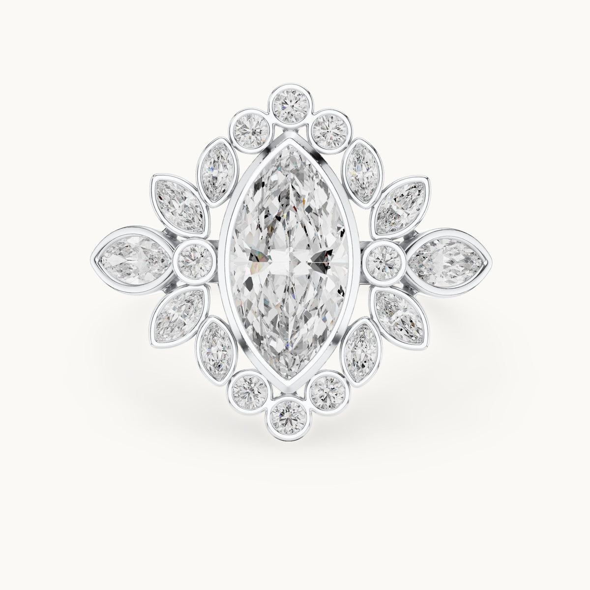 Marquise and round lab-grown diamond floral halo engagement ring in white gold, 2.11 CT TW, view 4
