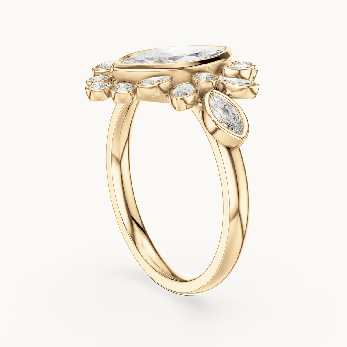 Marquise and round lab-grown diamond floral halo engagement ring in yellow gold, 2.11 CT TW, view 1