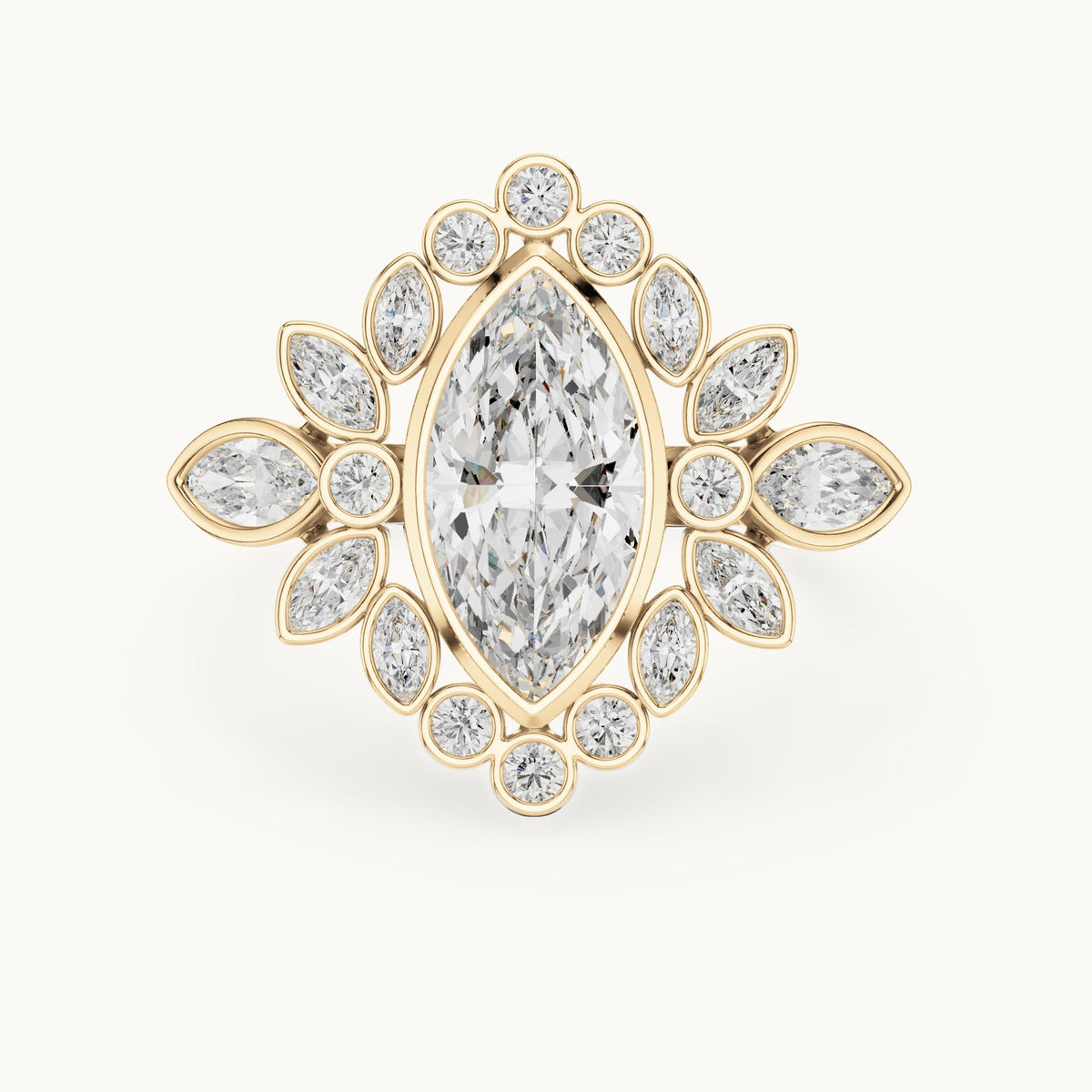 Marquise and round lab-grown diamond floral halo engagement ring in yellow gold, 2.11 CT TW, view 4