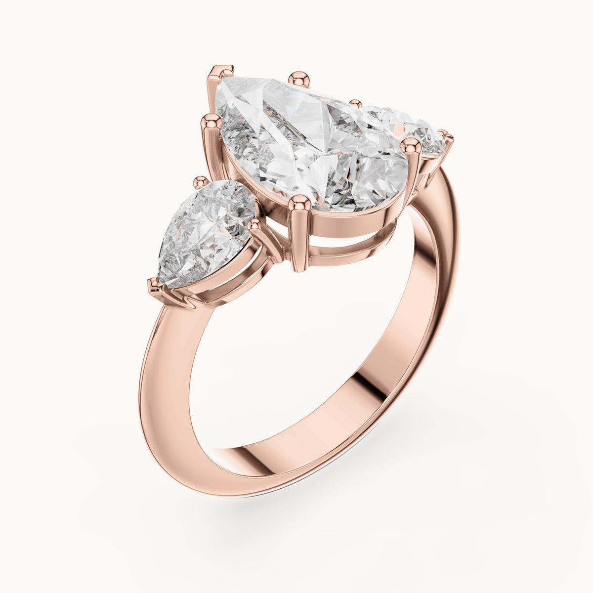 Pear lab-grown diamond three-stone engagement ring with pear side stones in rose gold, 4.00 CT TW, view 2