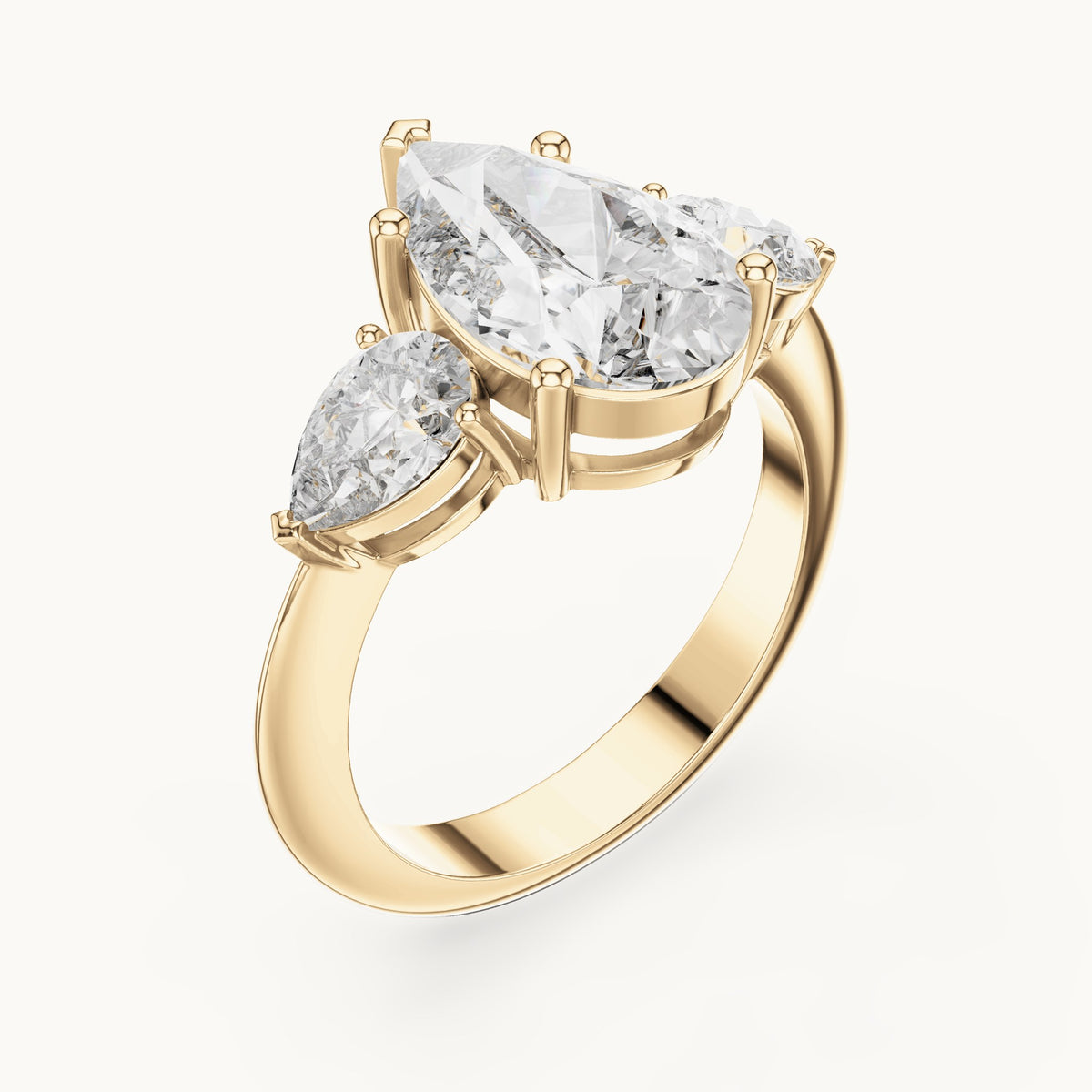 Pear lab-grown diamond three-stone engagement ring with pear side stones in yellow gold, 4.00 CT TW, view 2