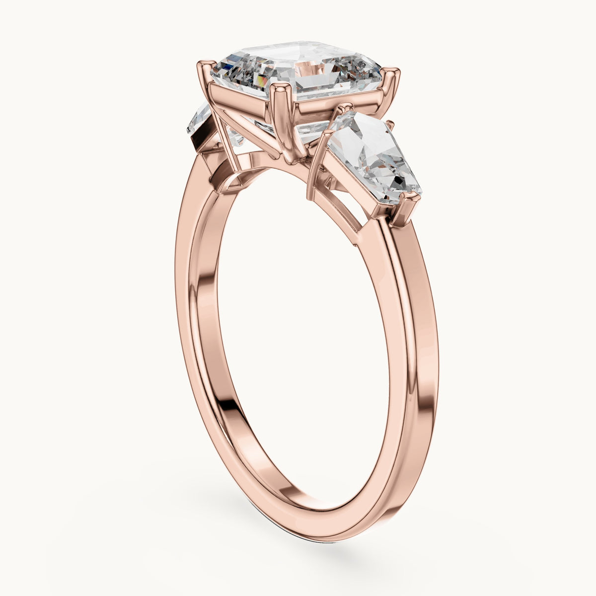 Asscher-cut and kite lab-grown diamond three-stone engagement ring with kite side stones in rose gold, 3.00 CT TW, view 1