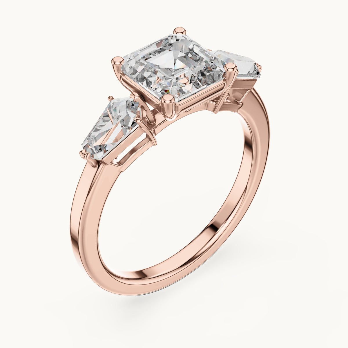 Asscher-cut and kite lab-grown diamond three-stone engagement ring with kite side stones in rose gold, 3.00 CT TW, view 2