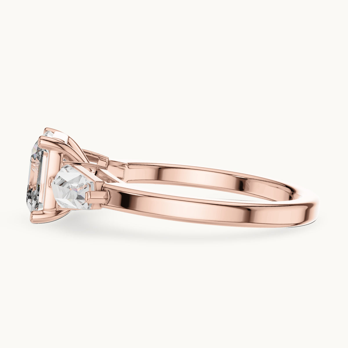 Asscher-cut and kite lab-grown diamond three-stone engagement ring with kite side stones in rose gold, 3.00 CT TW, view 3