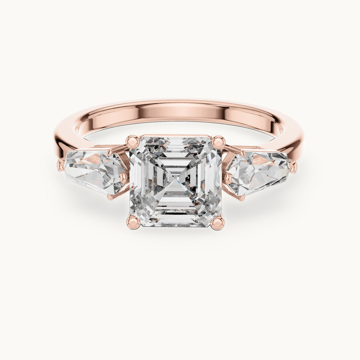 Asscher-cut and kite lab-grown diamond three-stone engagement ring with kite side stones in rose gold, 3.00 CT TW, view 4