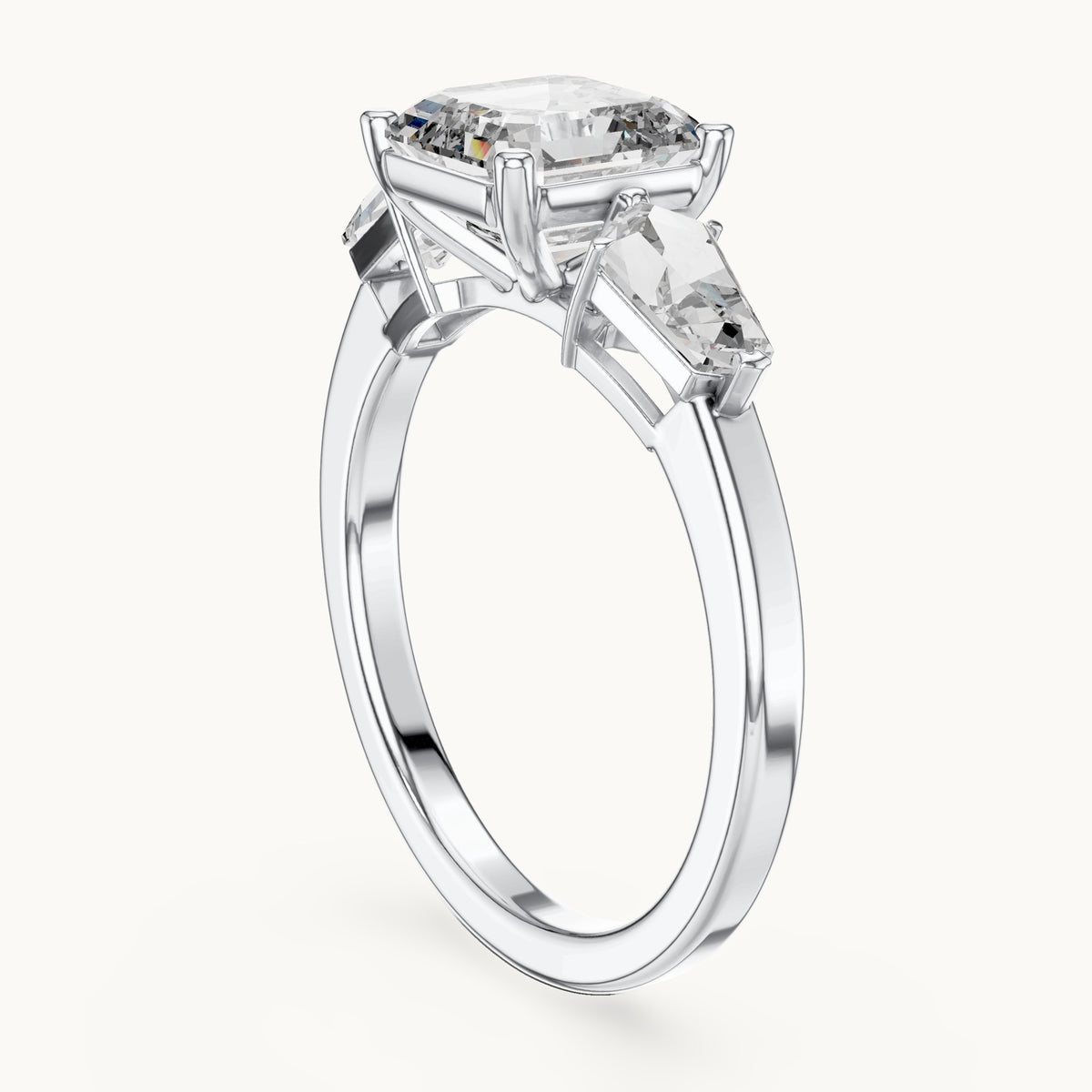 Asscher-cut and kite lab-grown diamond three-stone engagement ring with kite side stones in white gold, 3.00 CT TW, view 1