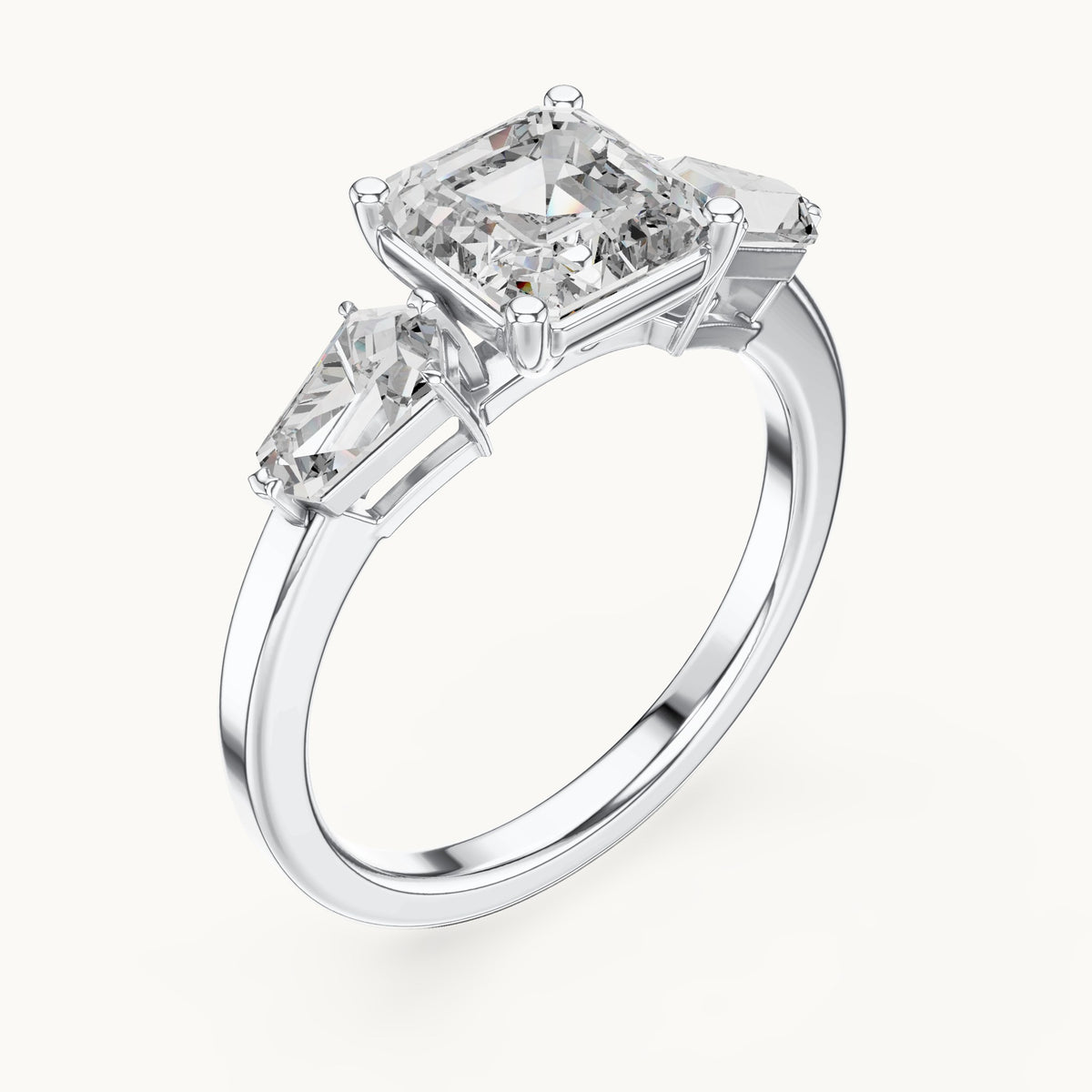 Asscher-cut and kite lab-grown diamond three-stone engagement ring with kite side stones in white gold, 3.00 CT TW, view 2