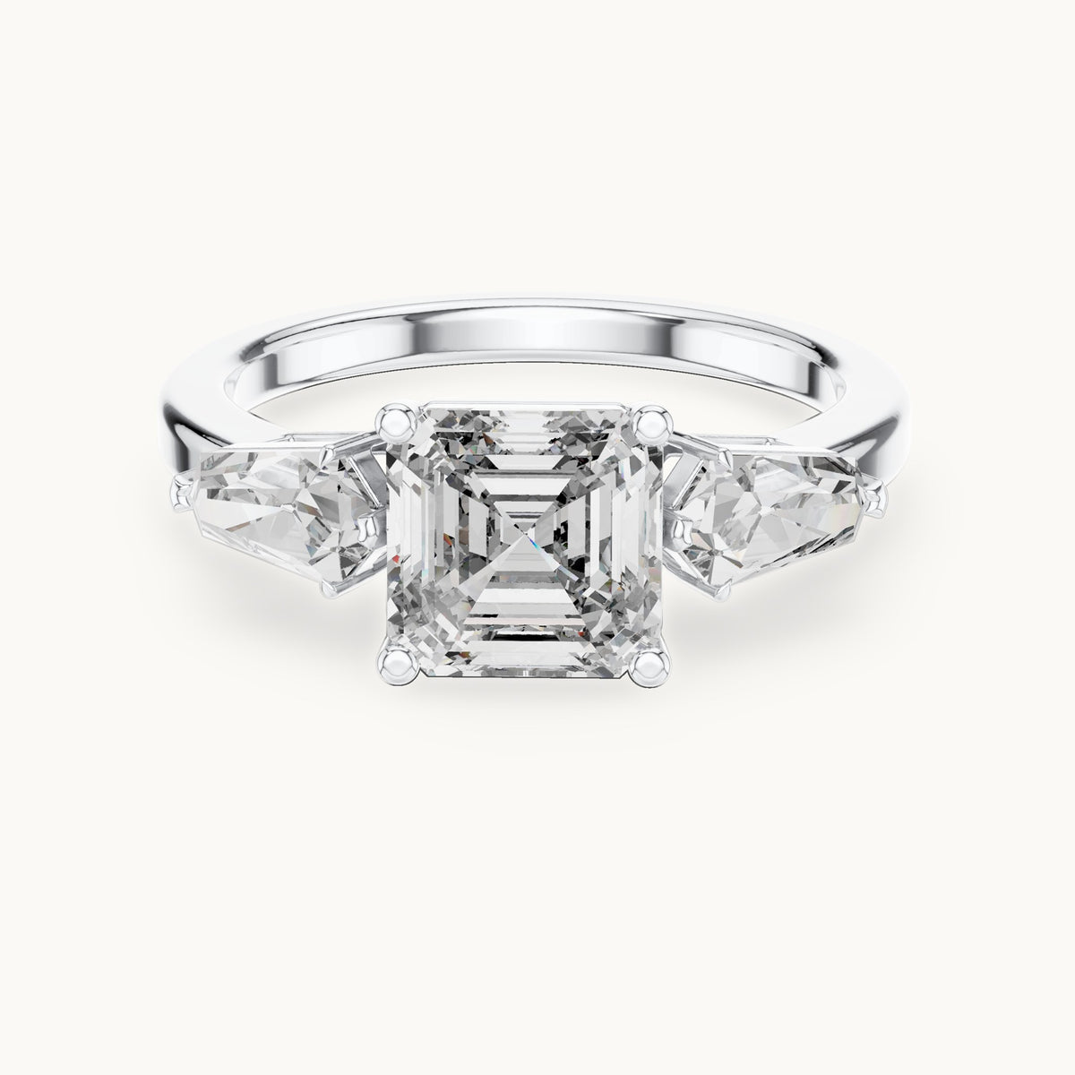 Asscher-cut and kite lab-grown diamond three-stone engagement ring with kite side stones in white gold, 3.00 CT TW, view 4