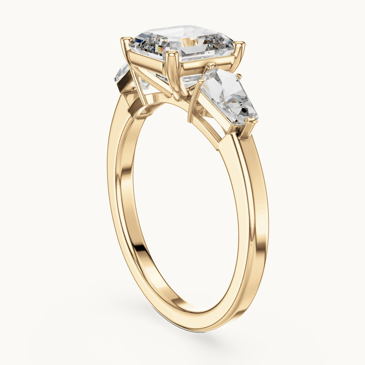 Asscher-cut and kite lab-grown diamond three-stone engagement ring with kite side stones in yellow gold, 3.00 CT TW, view 1