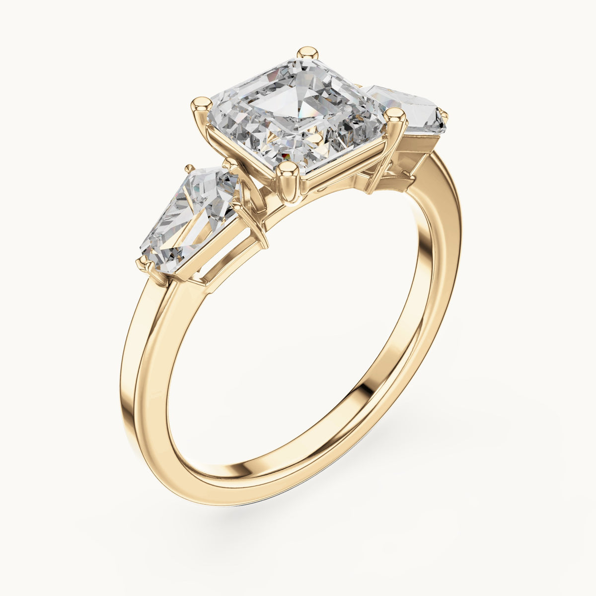 Asscher-cut and kite lab-grown diamond three-stone engagement ring with kite side stones in yellow gold, 3.00 CT TW, view 2
