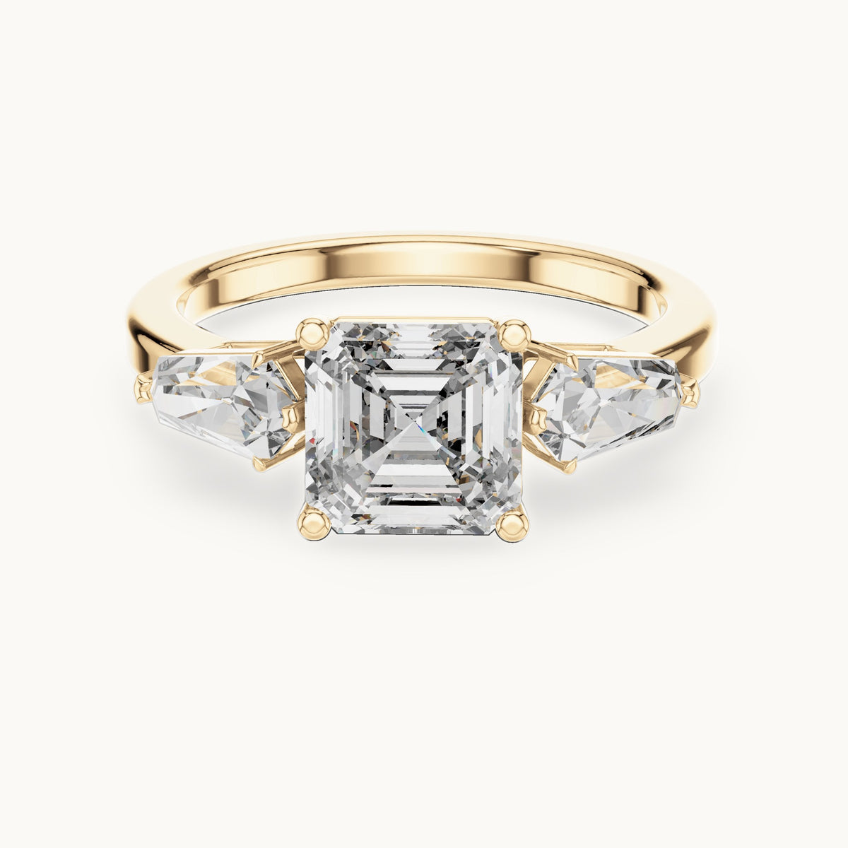 Asscher-cut and kite lab-grown diamond three-stone engagement ring with kite side stones in yellow gold, 3.00 CT TW, view 4