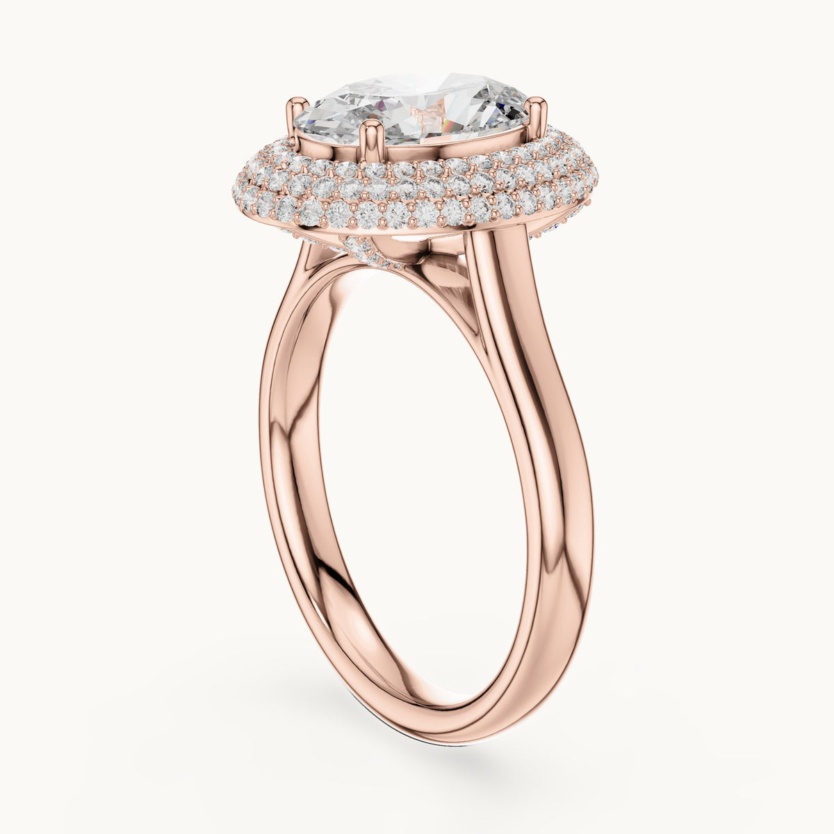 Oval and round lab-grown diamond pavé halo engagement ring in rose gold, 2.496 CT TW, view 1