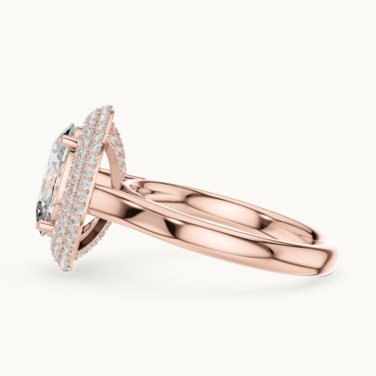 Oval and round lab-grown diamond pavé halo engagement ring in rose gold, 2.496 CT TW, view 3