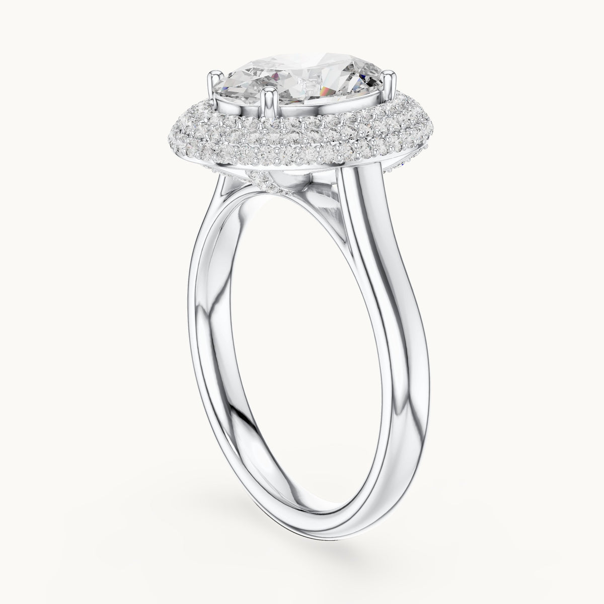 Oval and round lab-grown diamond pavé halo engagement ring in white gold, 2.496 CT TW, view 1