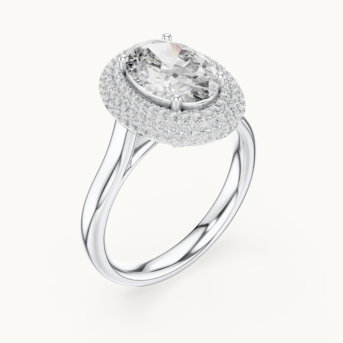 Oval and round lab-grown diamond pavé halo engagement ring in white gold, 2.496 CT TW, view 2
