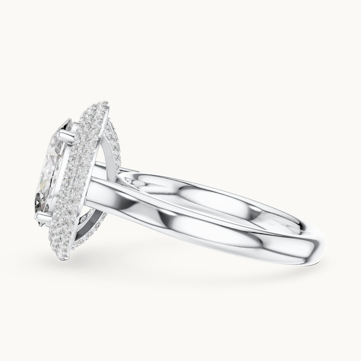 Oval and round lab-grown diamond pavé halo engagement ring in white gold, 2.496 CT TW, view 3