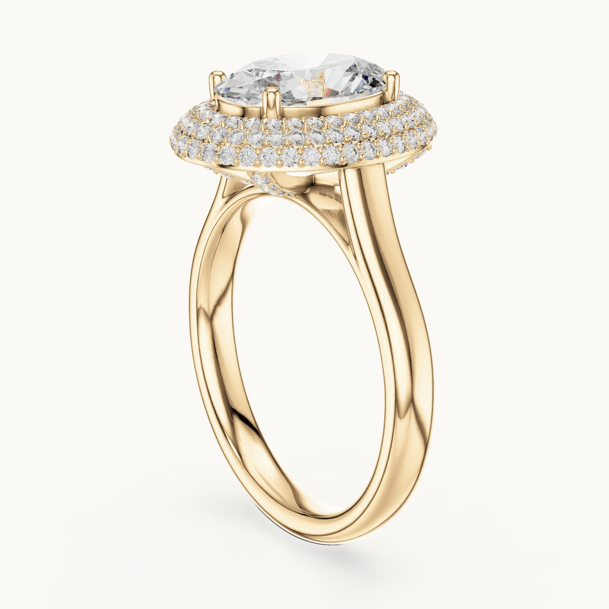 Oval and round lab-grown diamond pavé halo engagement ring in yellow gold, 2.496 CT TW, view 1