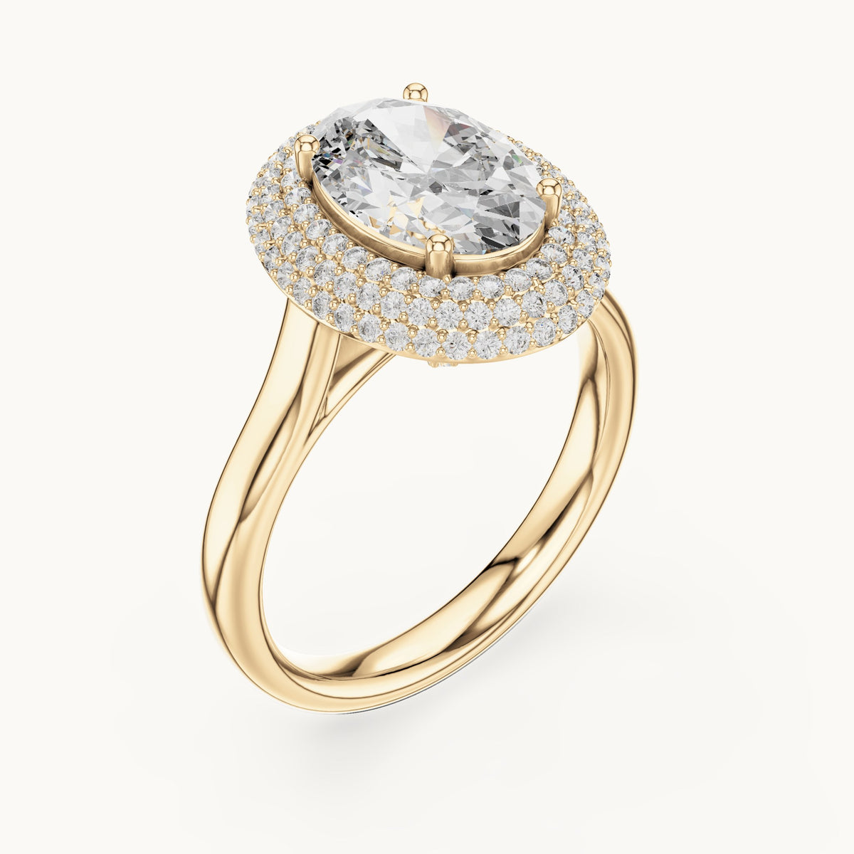 Oval and round lab-grown diamond pavé halo engagement ring in yellow gold, 2.496 CT TW, view 2