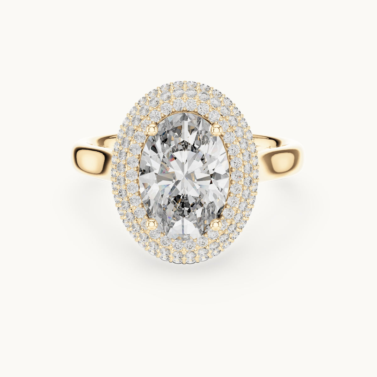 Oval and round lab-grown diamond pavé halo engagement ring in yellow gold, 2.496 CT TW, view 4