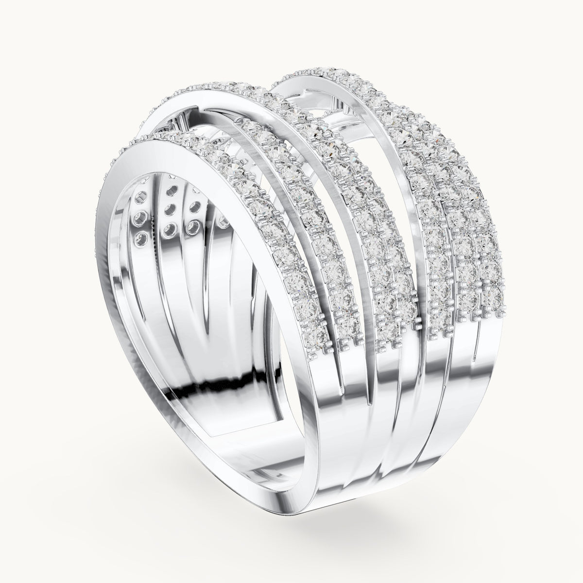 Round lab-grown diamond crossover pavé ring in white gold, 1.152 CT TW, view 1