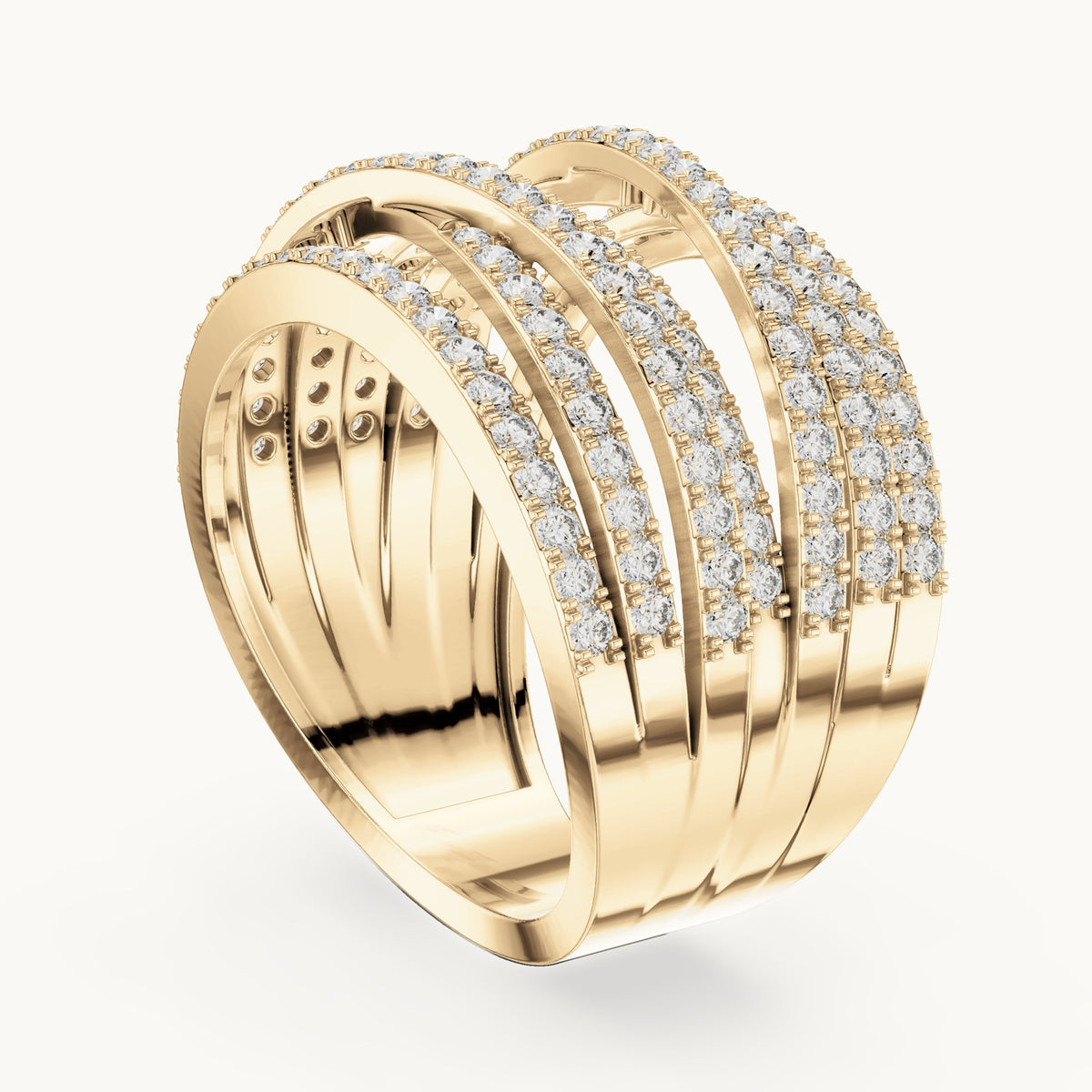 Round lab-grown diamond crossover pavé ring in yellow gold, 1.152 CT TW, view 1
