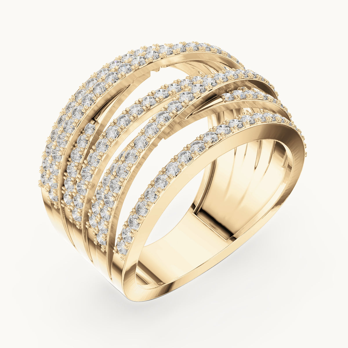 Round lab-grown diamond crossover pavé ring in yellow gold, 1.152 CT TW, view 2