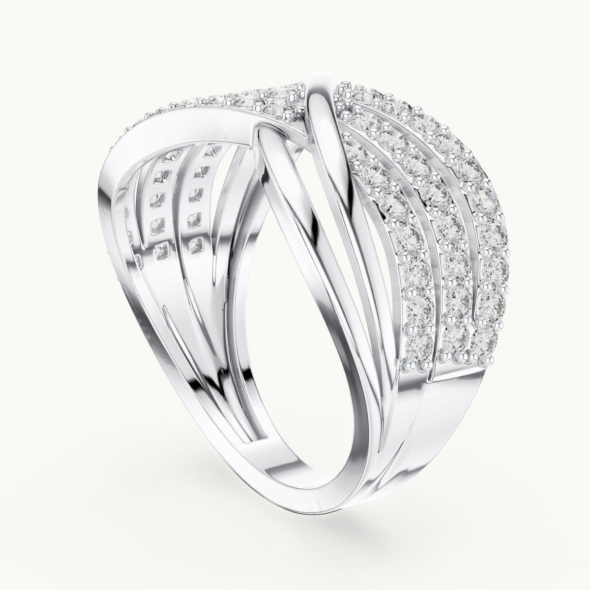 Round lab-grown diamond x crossover pavé ring in white gold, 0.784 CT TW, view 1