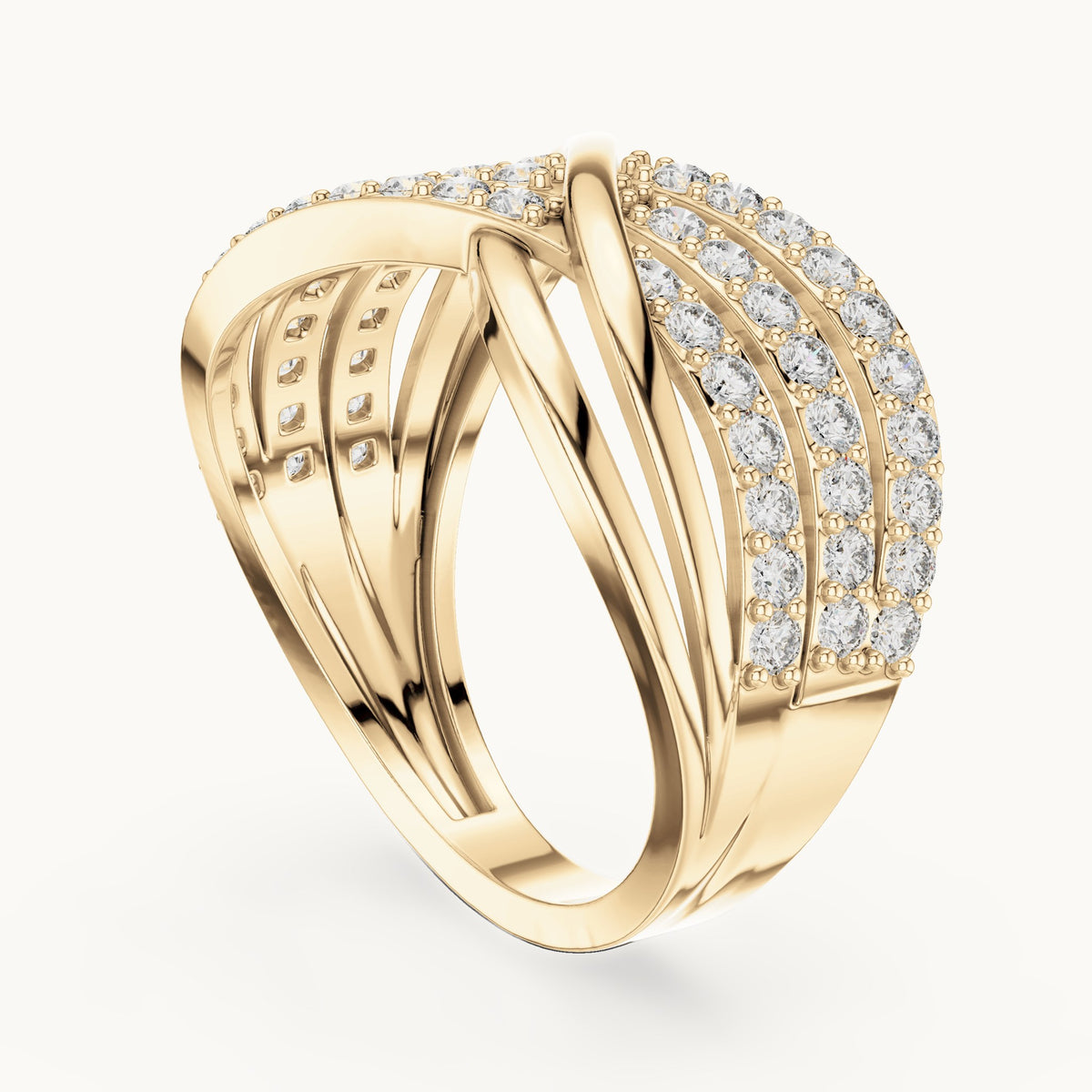 Round lab-grown diamond x crossover pavé ring in yellow gold, 0.784 CT TW, view 1